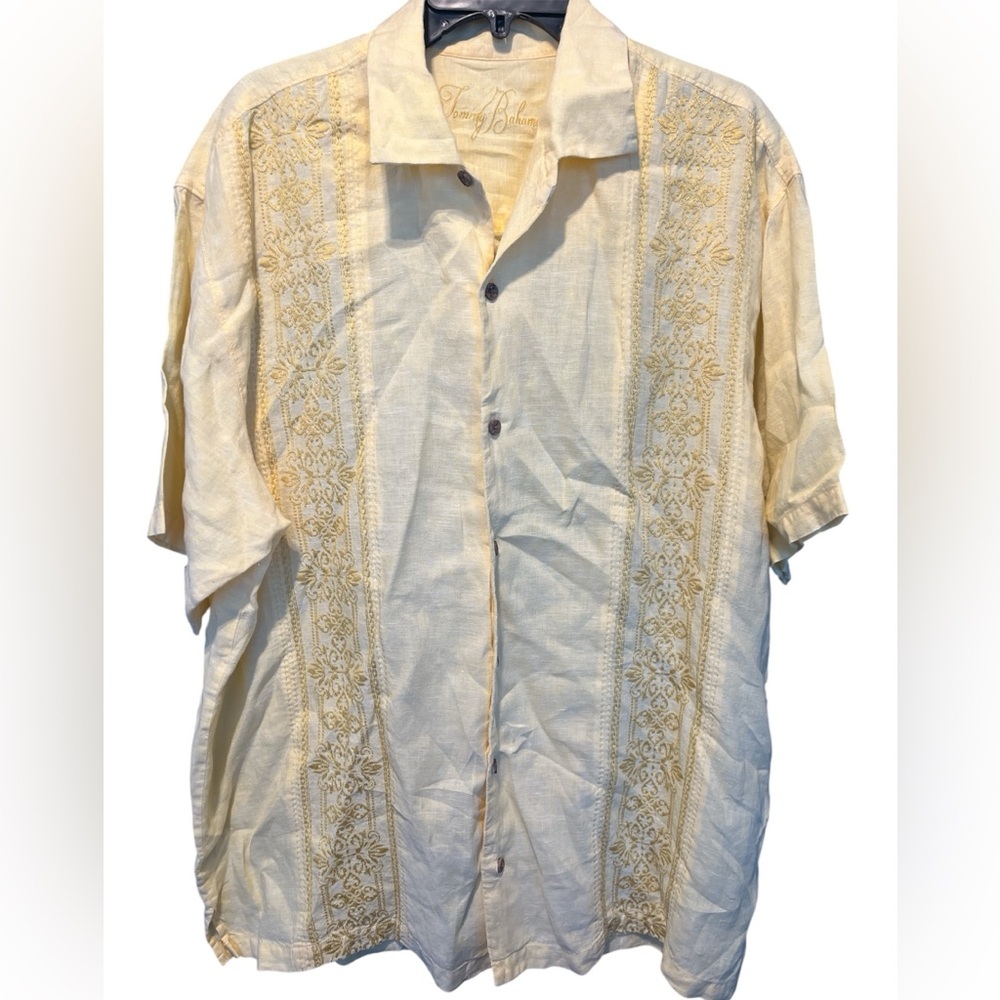 Tommy Bahama Linen Embroidered Yellow Button Down Shirt Size XL